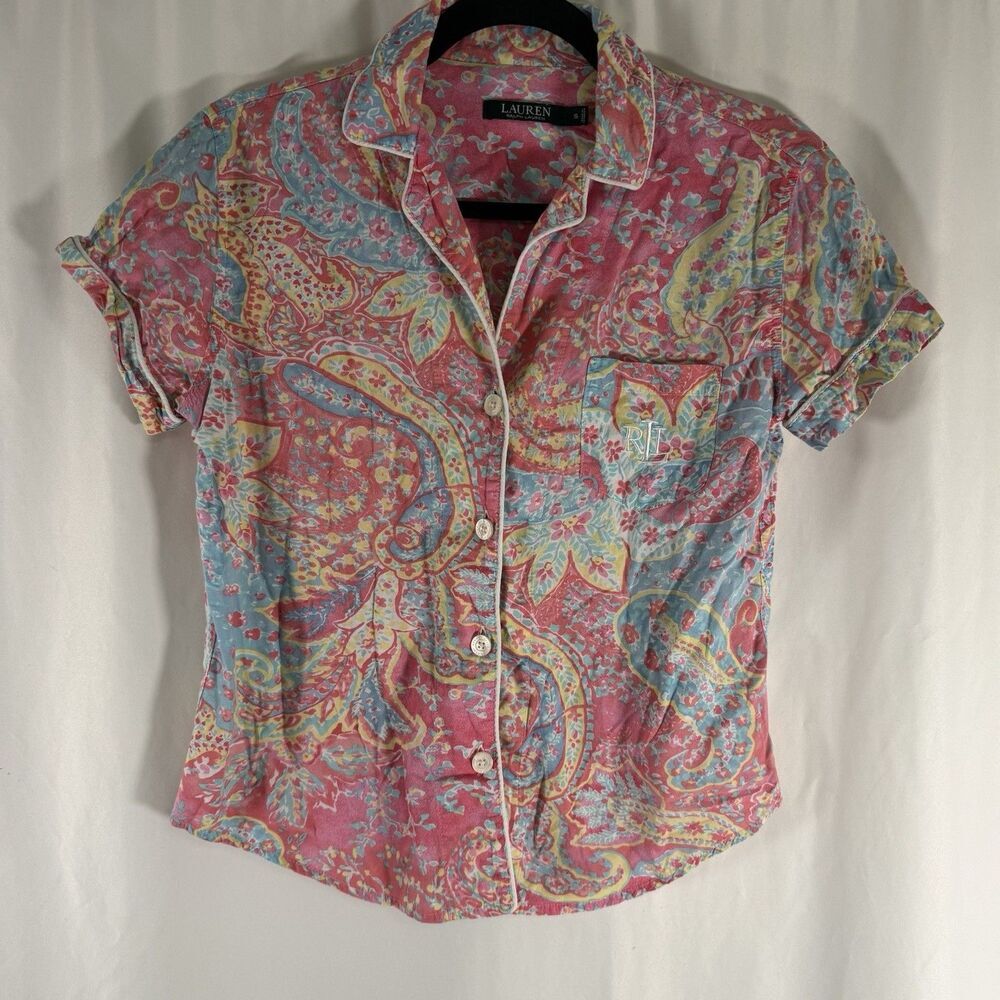 Lauren Ralph Lauren Pajama Shirt Women's Small Short Sleeve Pink Floral Button U